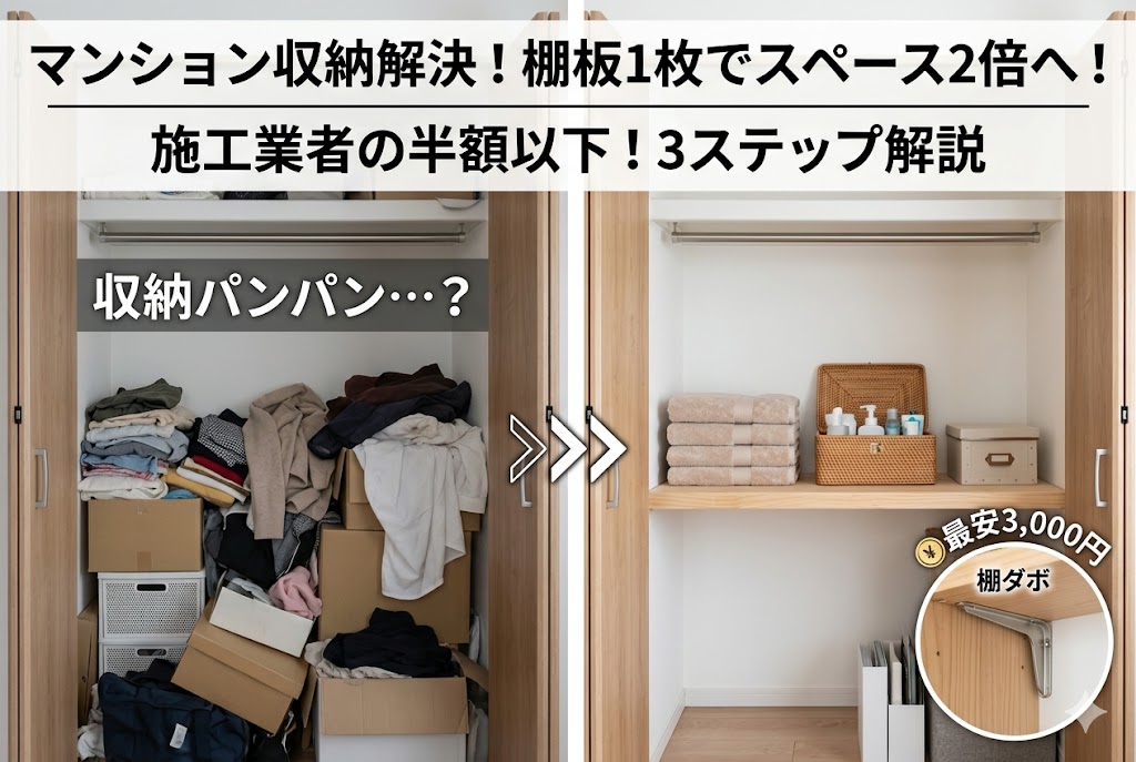 マンションのクローゼット（改善前・改善後）—棚板1枚で収納スペース2倍に